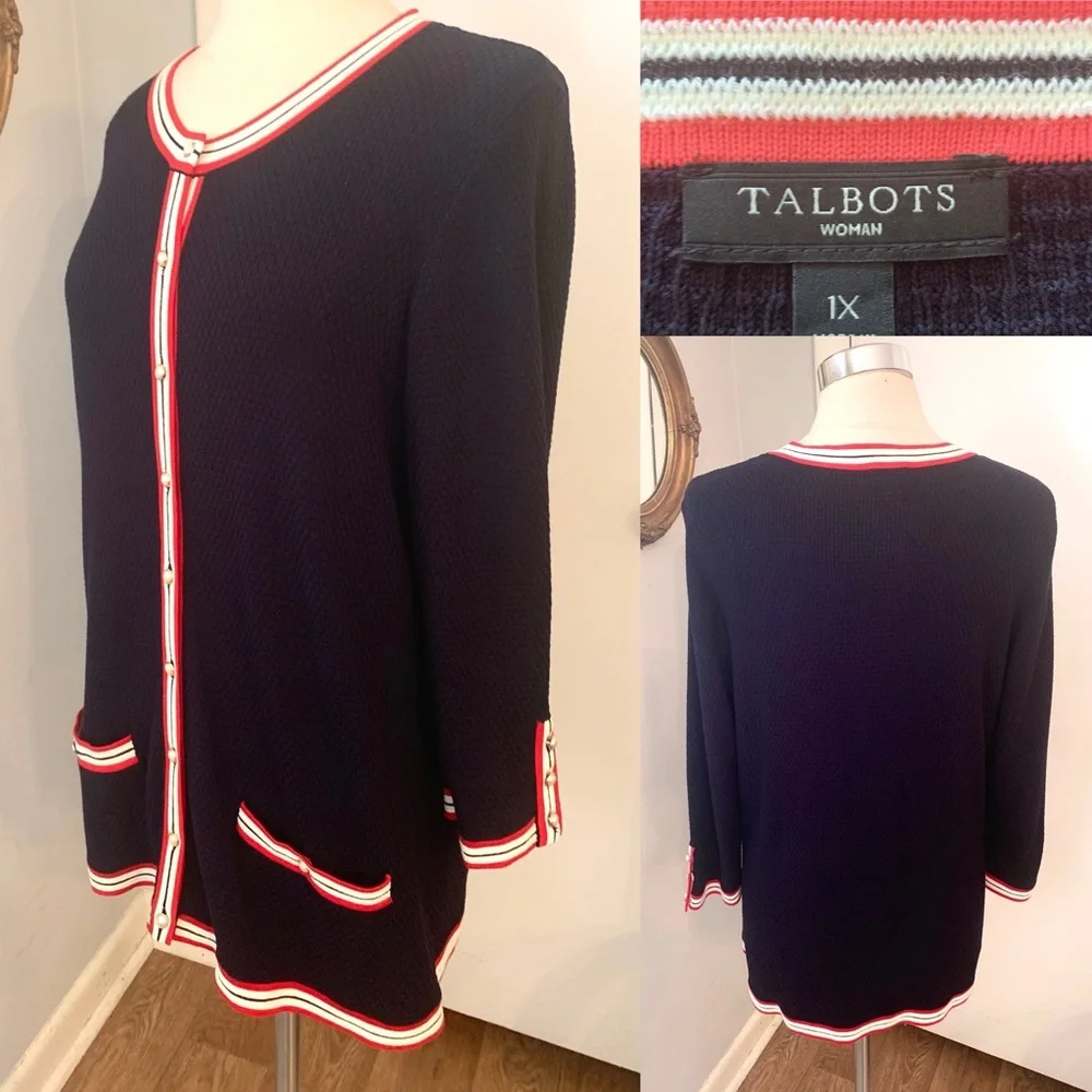 Talbots Navy Blue Cardigan Sweater Textured Preppy Knit career casual 1X 14 16 - Picture 5 of 16